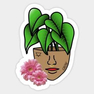 Surreal Tropical House Plant, Pot Head, with Pink Gerber Daisy Sticker